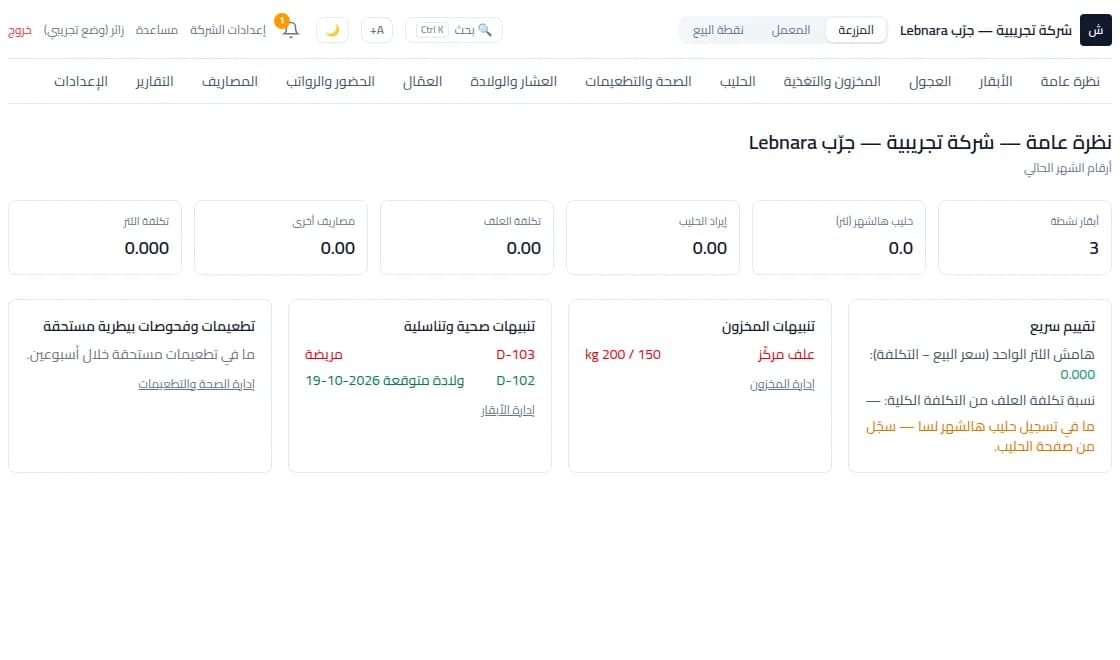 لوحة نظرة عامة على مزرعة الأبقار في برنامج Lebnara
