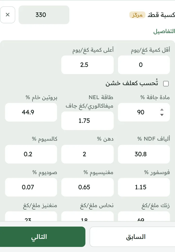 تحليل المادة العلفية وحدود الكمية اليومية